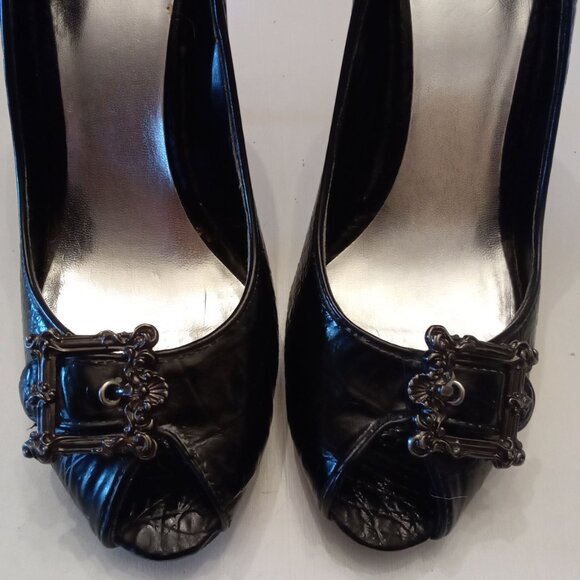 Joey O Black Stilettos Moc Croc Buckle Peep Toes size 8 silver insoles 4" Heels - Picture 3 of 8